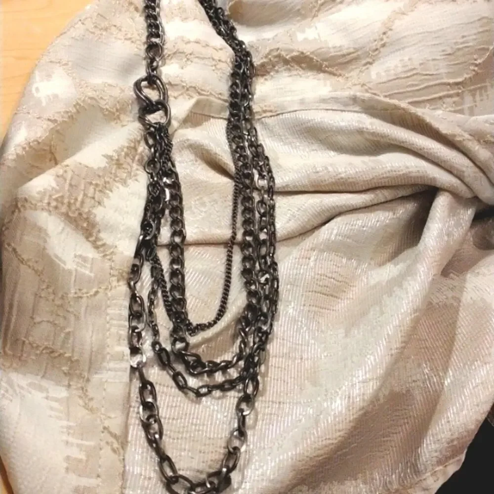 70s Necklace Long Chain 4 Strand Gun Metal Layered Hippie Gypsy Office Career